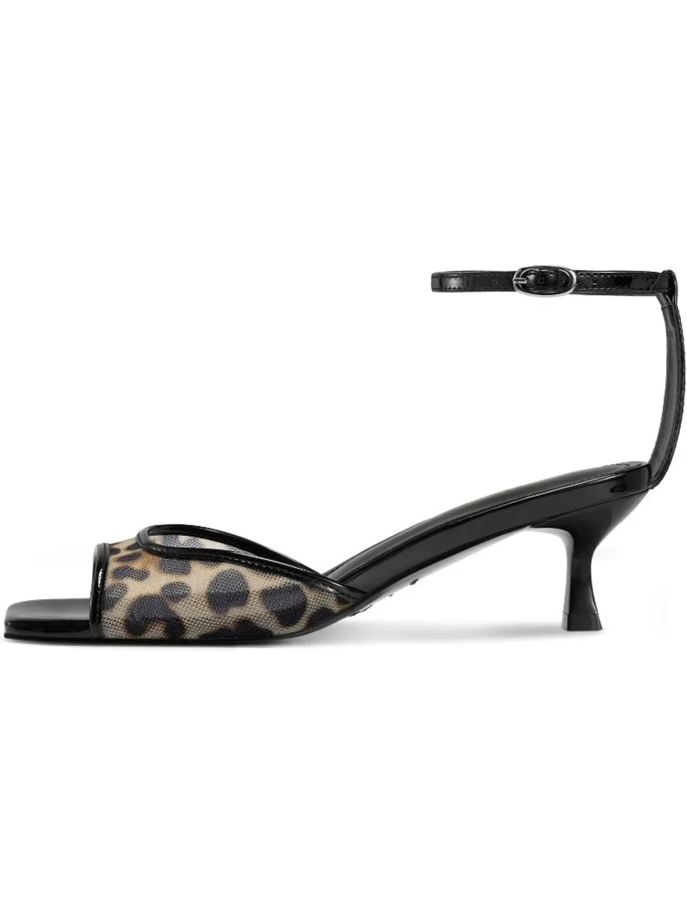 Womens Leopard Mesh Kitten Heels Square Toe Ankle Strap Low Heels Sandals